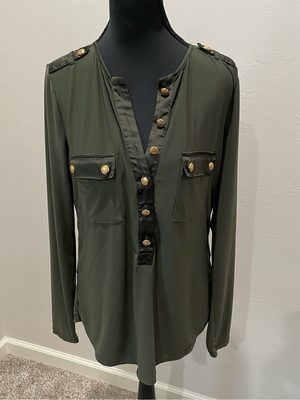 White House Black Market Olive Green Button-Front Utility Top with Gold Buttons
